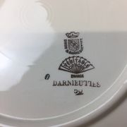 Round dish with white and gold handles made in France Digoin Sarreguemines
