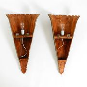 Two large, rare 1950s wall lamps made of wood with aluminum cladding
