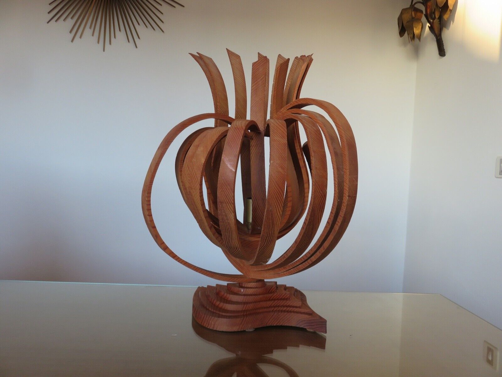 Large Scandinavian arched wooden lamp 60s 70s