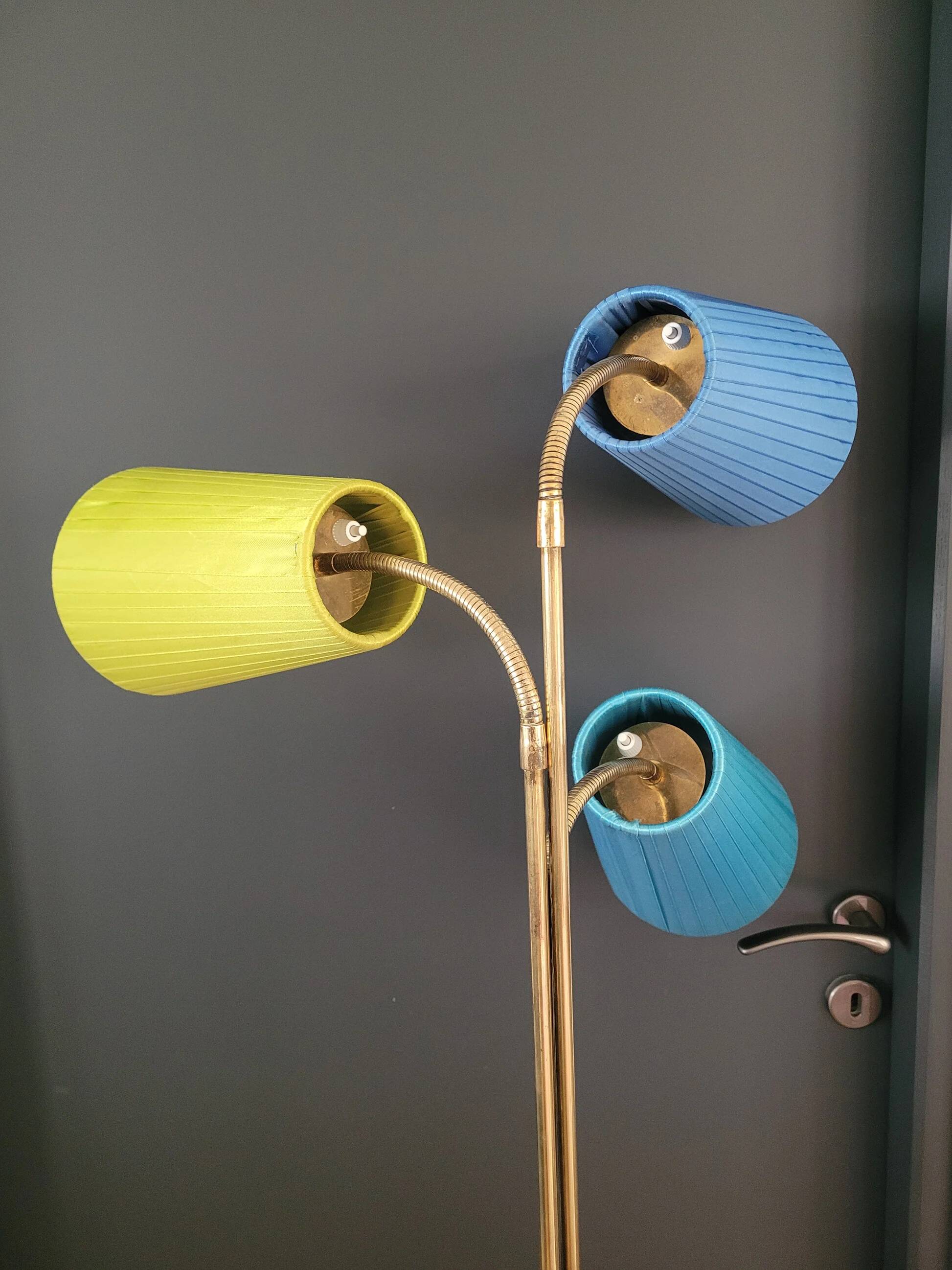 1950s three-light floor lamp with coloured shades