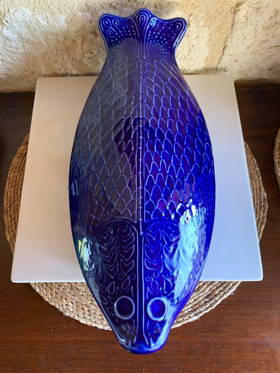 Vintage blue ceramic serving dish by Environmental Ceramics Inc., San Francisco, 1966