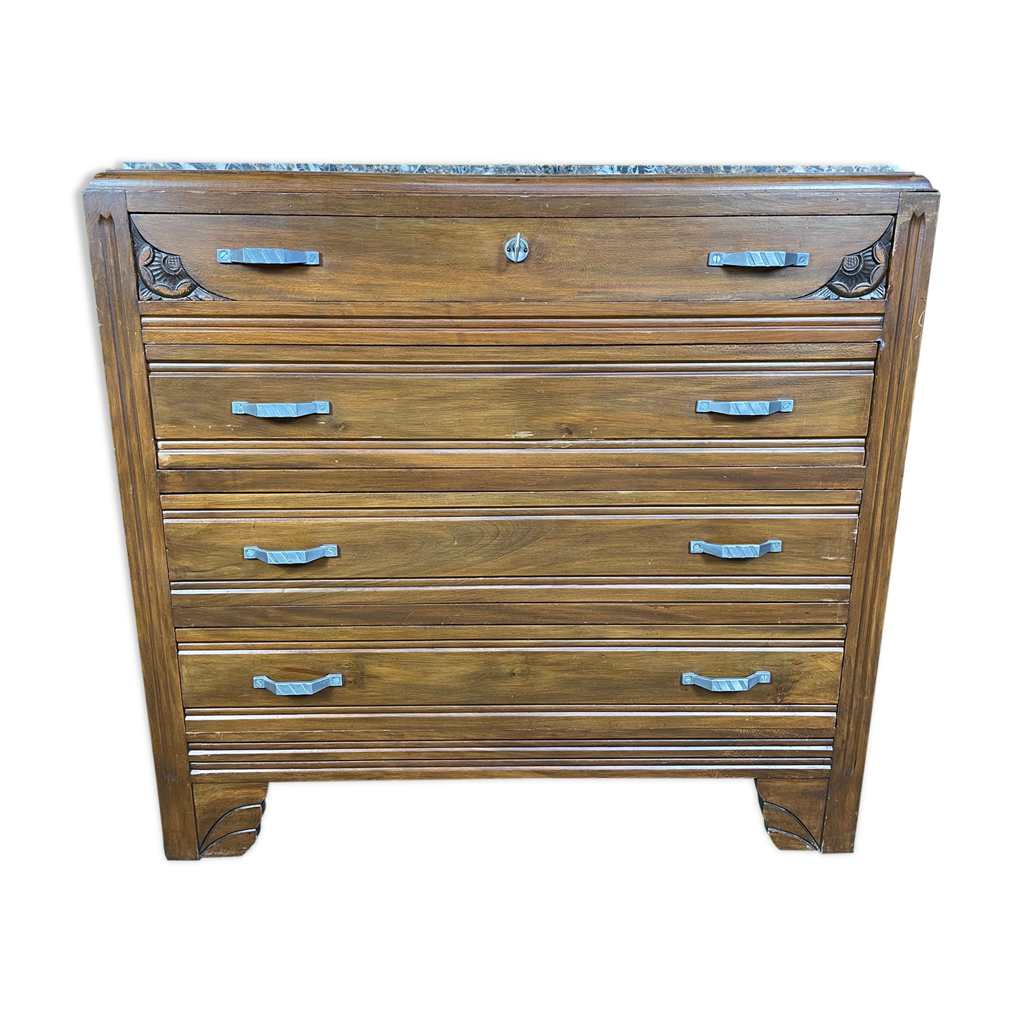 Chest of drawers Art Deco period beech tinted and veined marble