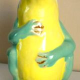 Frog pitcher, glazed ceramic, slipware, signed Athezza Franca