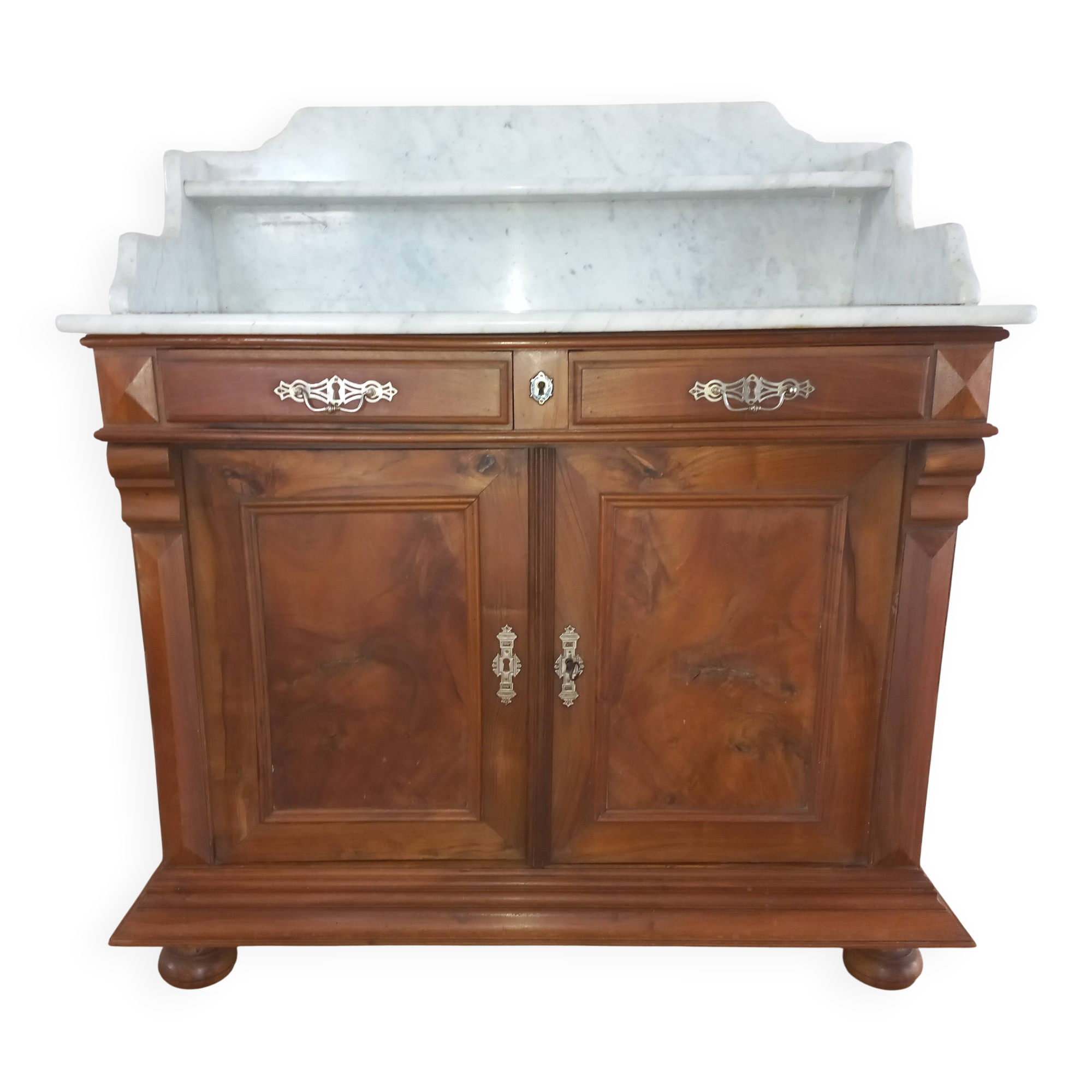 Empire period bathroom furniture in solid walnut and white marble.