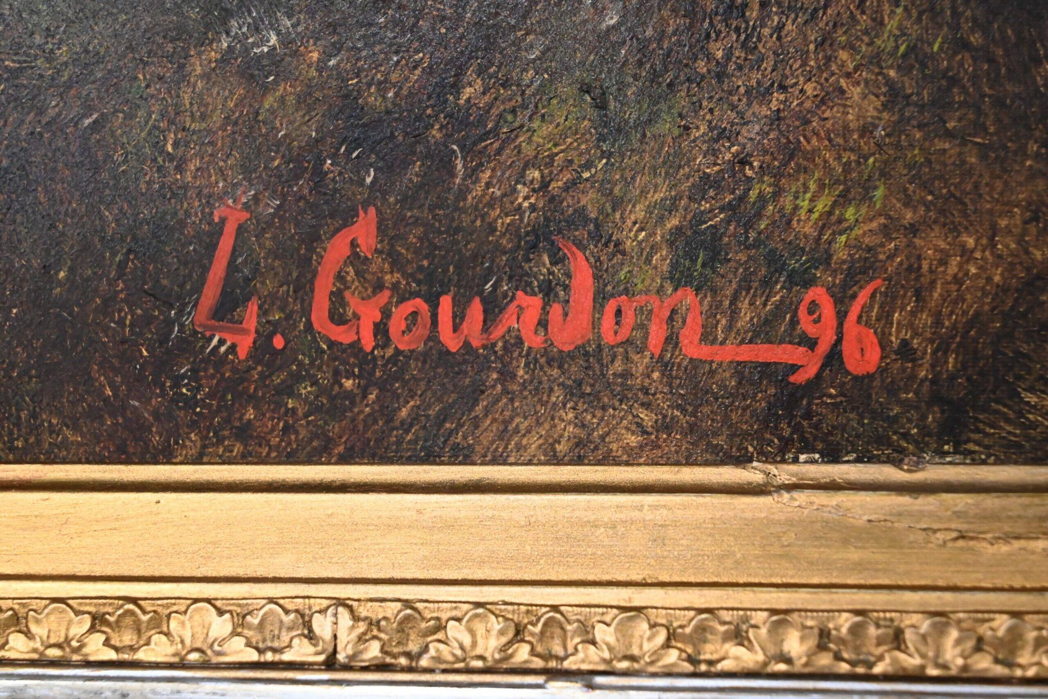 Important painting "Stroll in the Underwood", oil on canvas, signed L. Gourdon – 1896