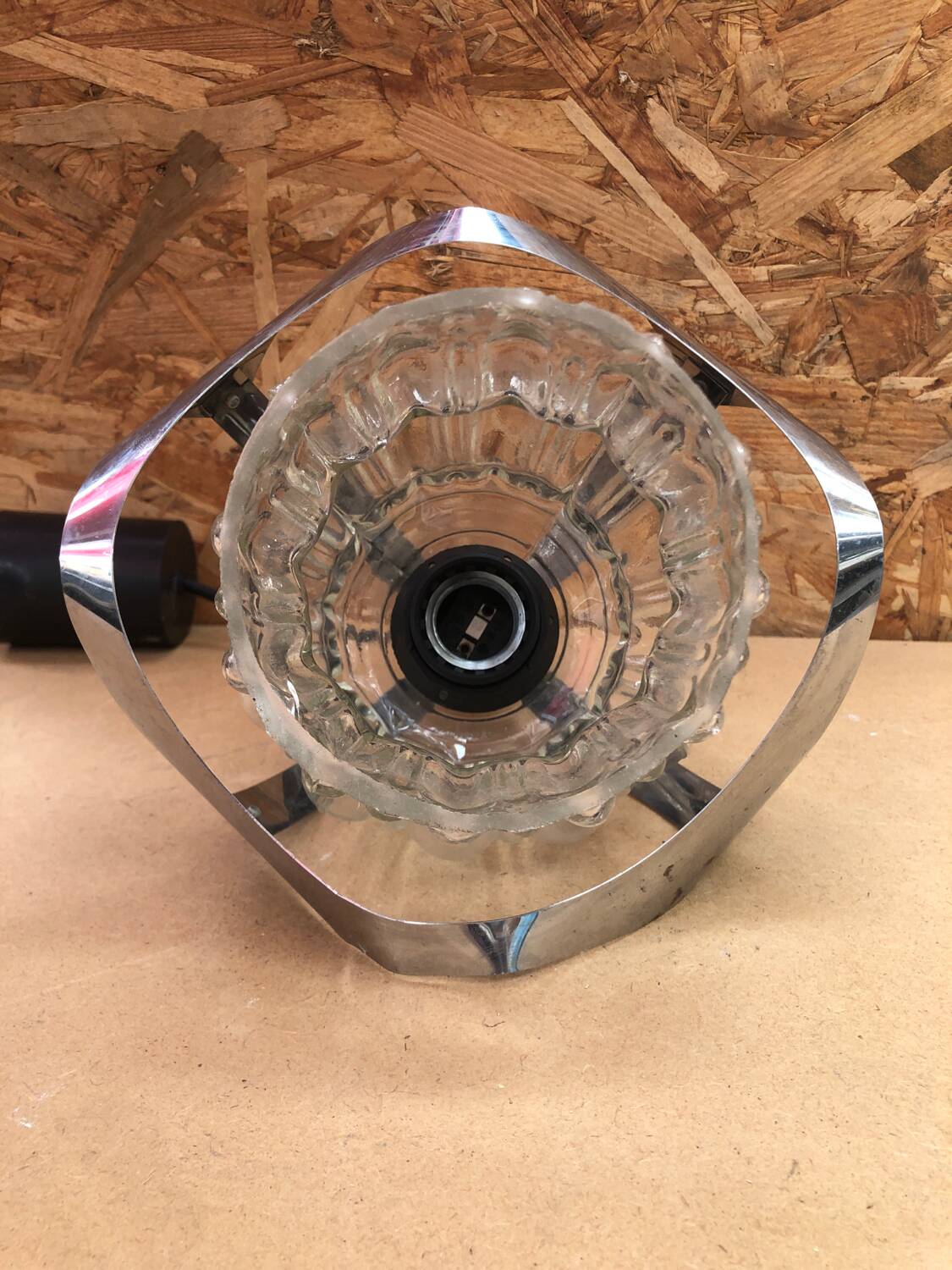 Old atomic age pendant lamp chromed metal & molded glass 70's vintage