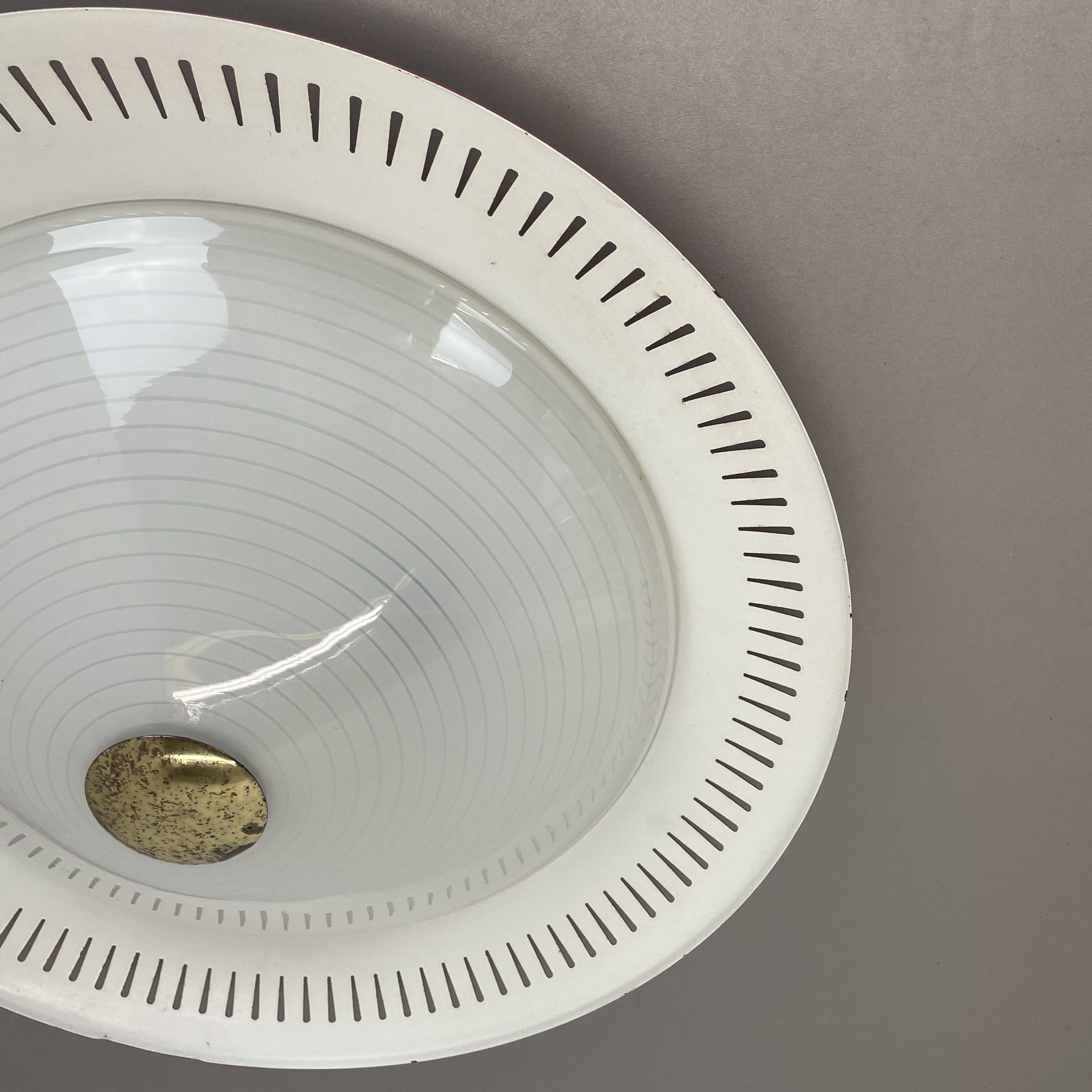 Modernist Stilnovo Style Metal glass Ceiling Flushmount Light, Italy 1950s