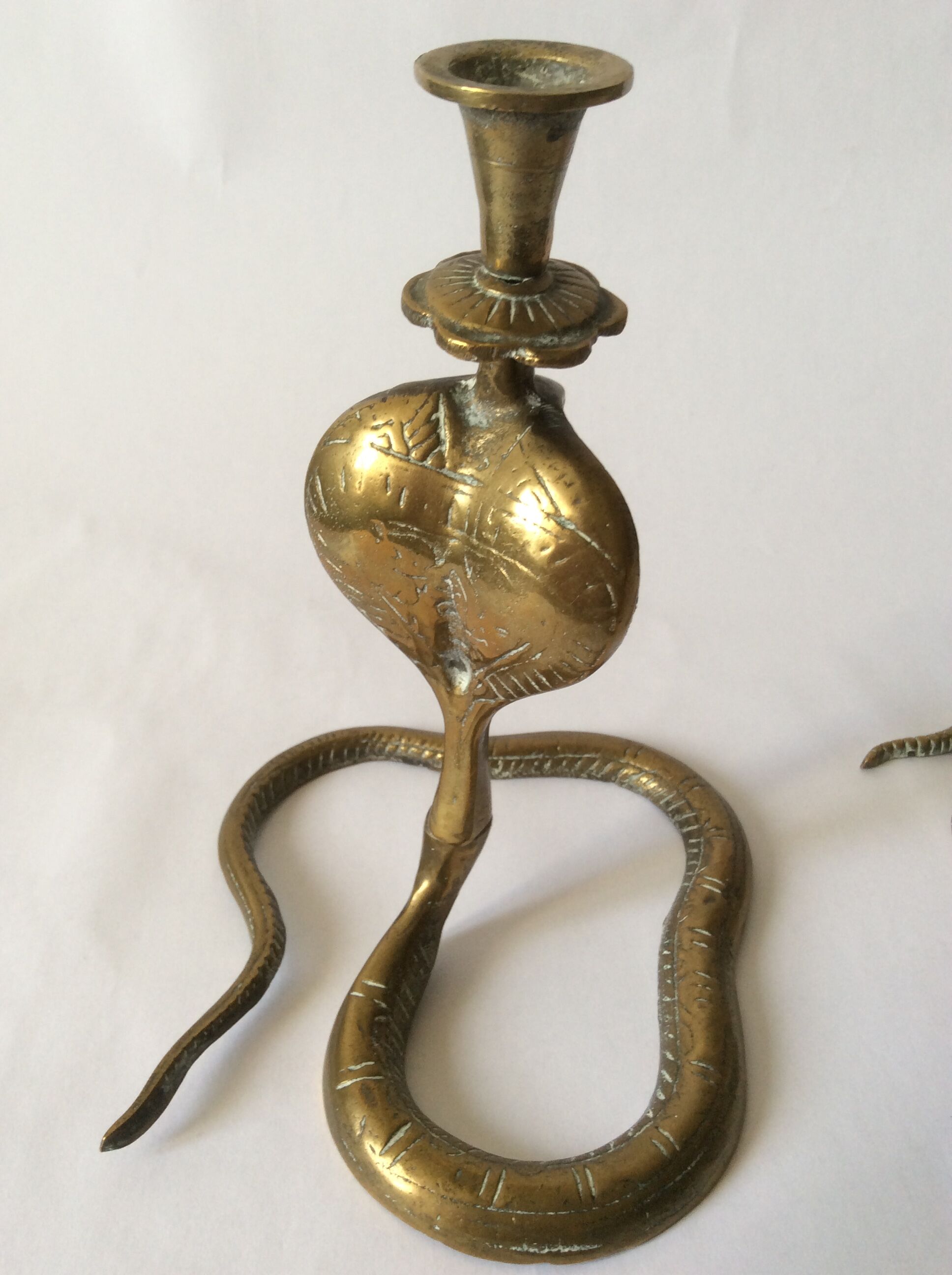 Two zoomorphic brass cobra snake candlesticks