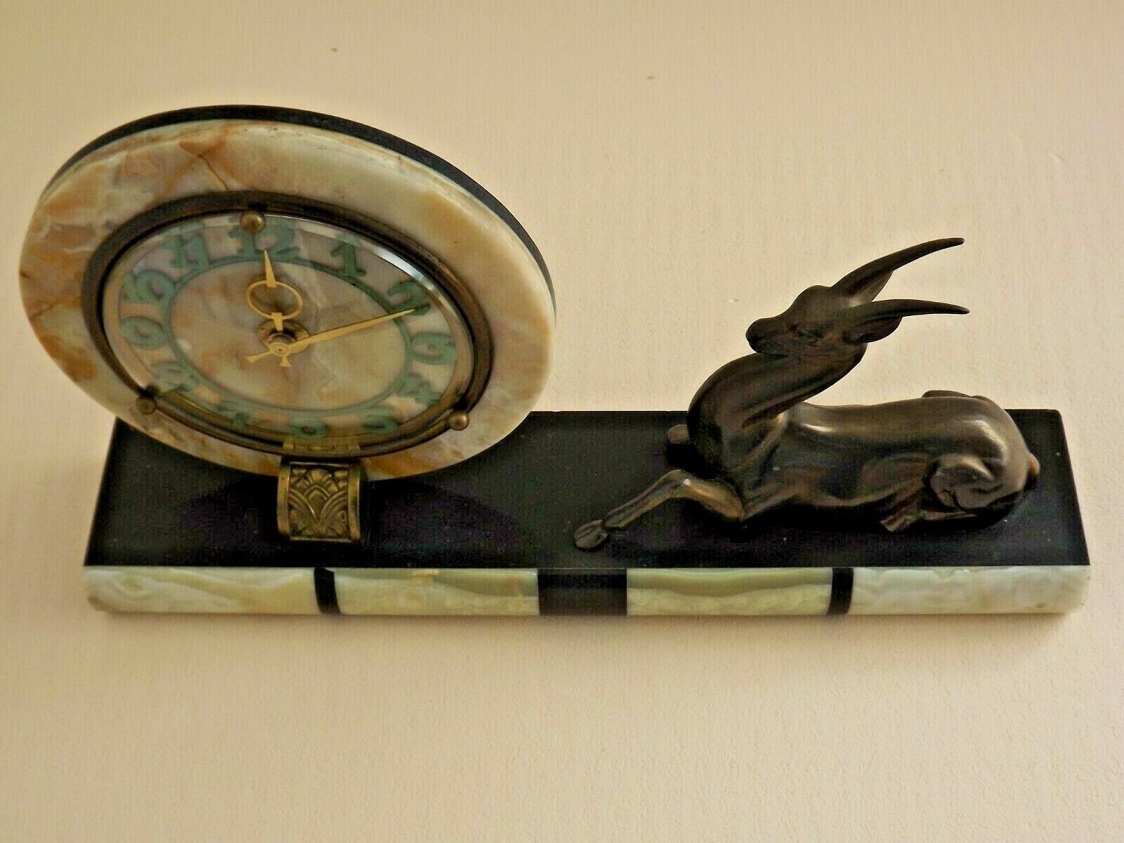 French Art Deco Clock Marble Onyx & Brass With A Bronzed Spelter Gazelle