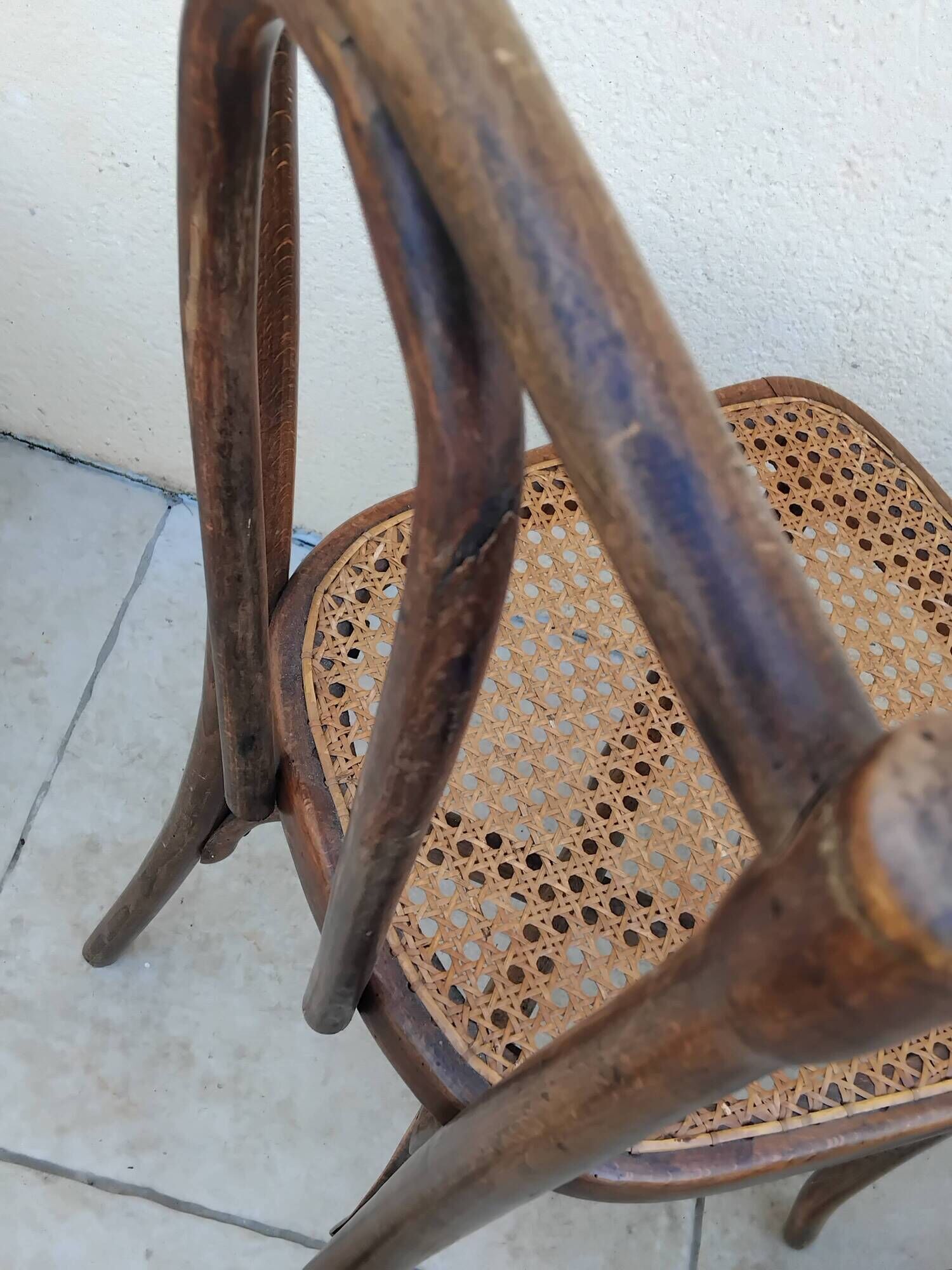 6 antique bistro chairs with curved wood and caning from 1900 L&H Cambier Frères
