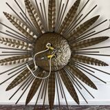 Large golden hammered metal sun wall light with a diameter of 90 cm from the year
