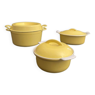 Set of 3 cast iron casserole dishes, André Cousances AC, Le Creuset, Doufeu