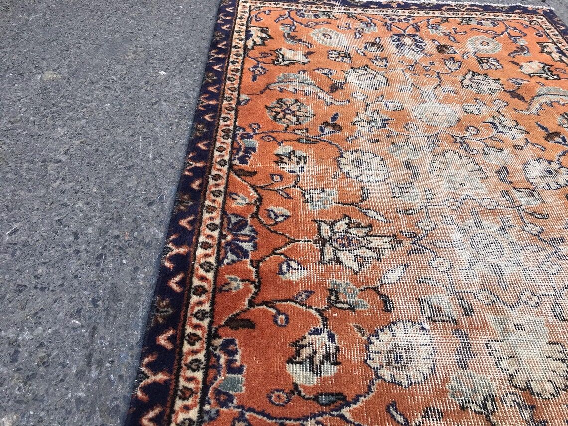 Orange and Blue Handmade Oushak Rug with Flowers