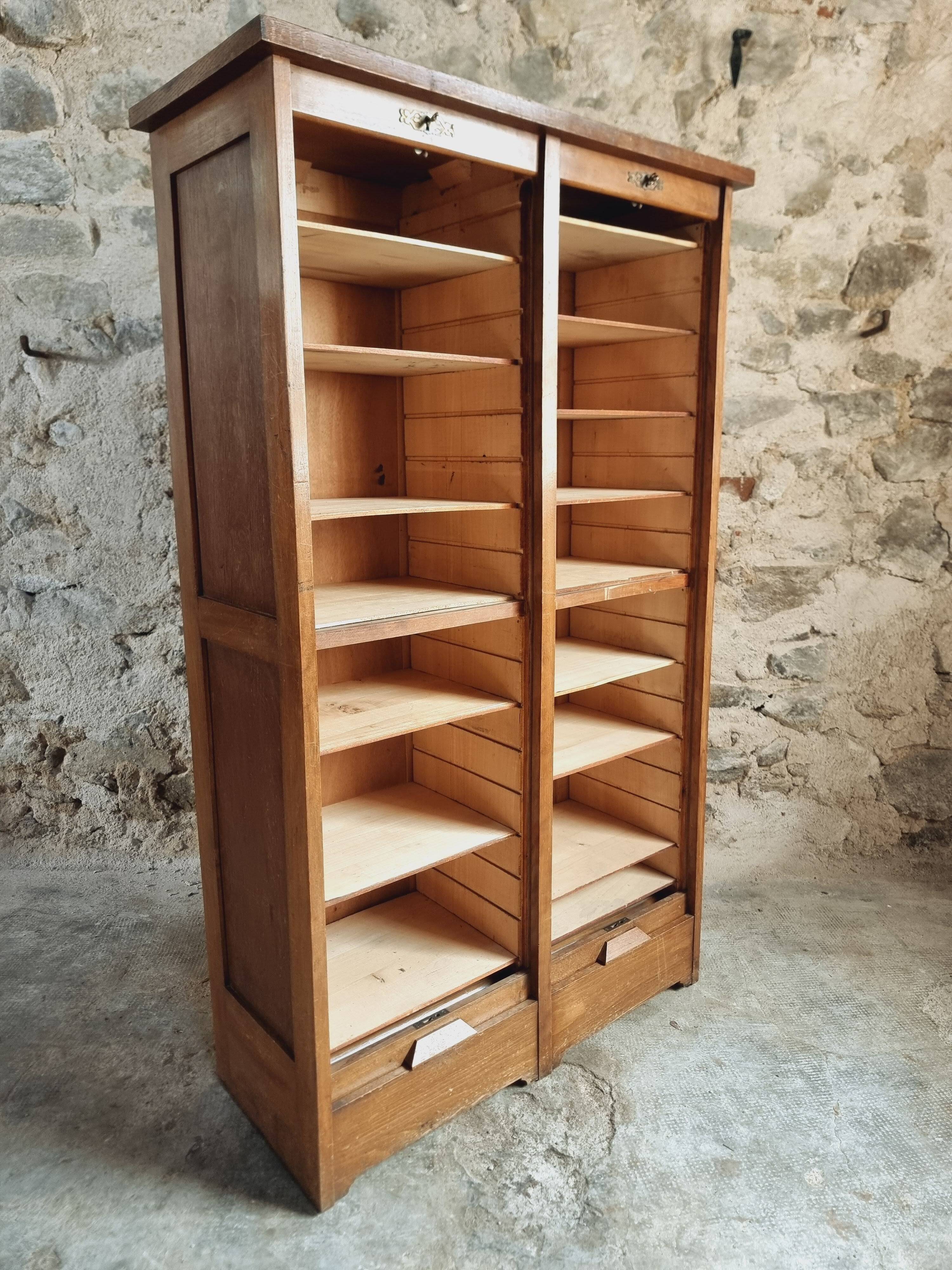 Antique filing cabinet with curtains – 1920s/30s – Beech