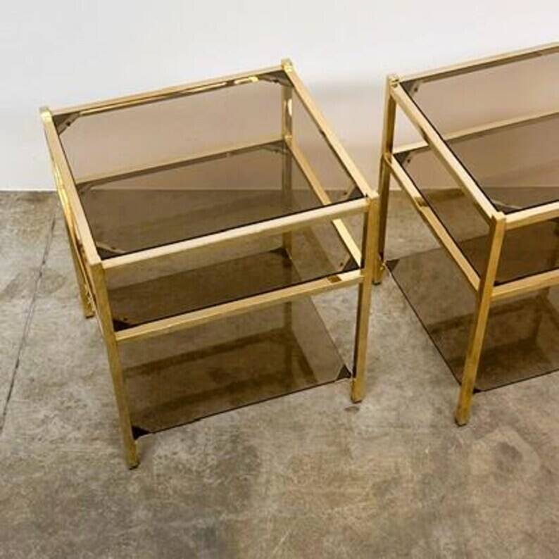Pair of Vintage Three-Level Tables in Brass and Smoked Glass, 1970s