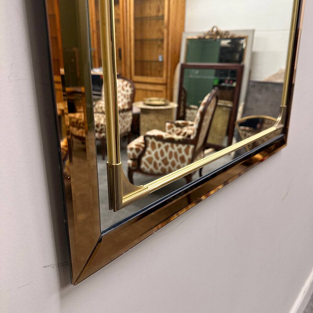 Rectangular Schöninger mirror with bronze-tinted glass and brass detailing, German