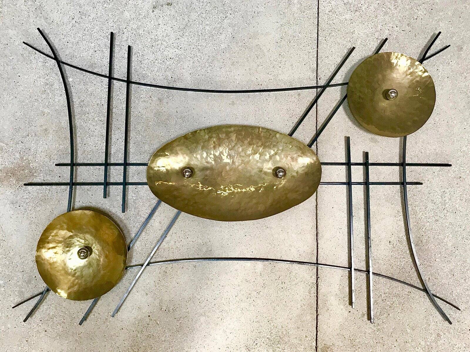 Large sculptural wall relief in wrought iron & brass , GDR / Germany 1950s
