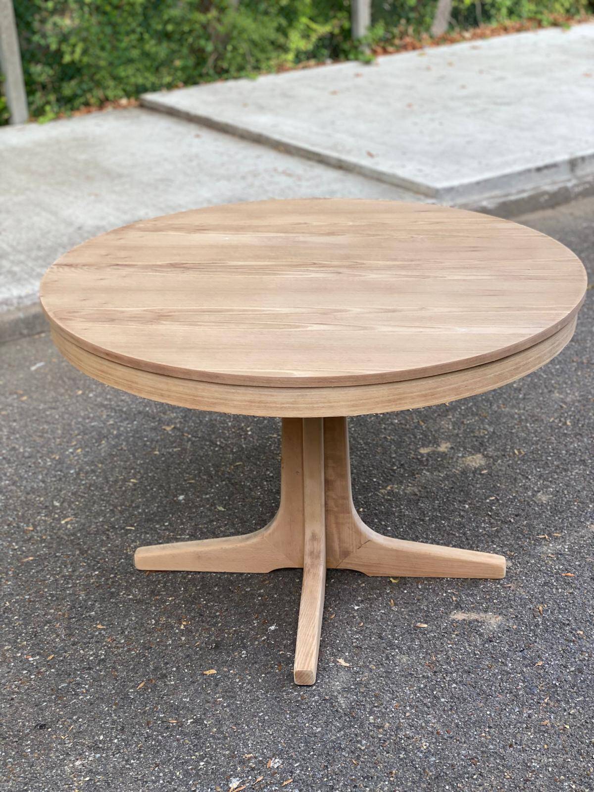 Scandinavian round extendable dining table Baumann stripped teak 1960