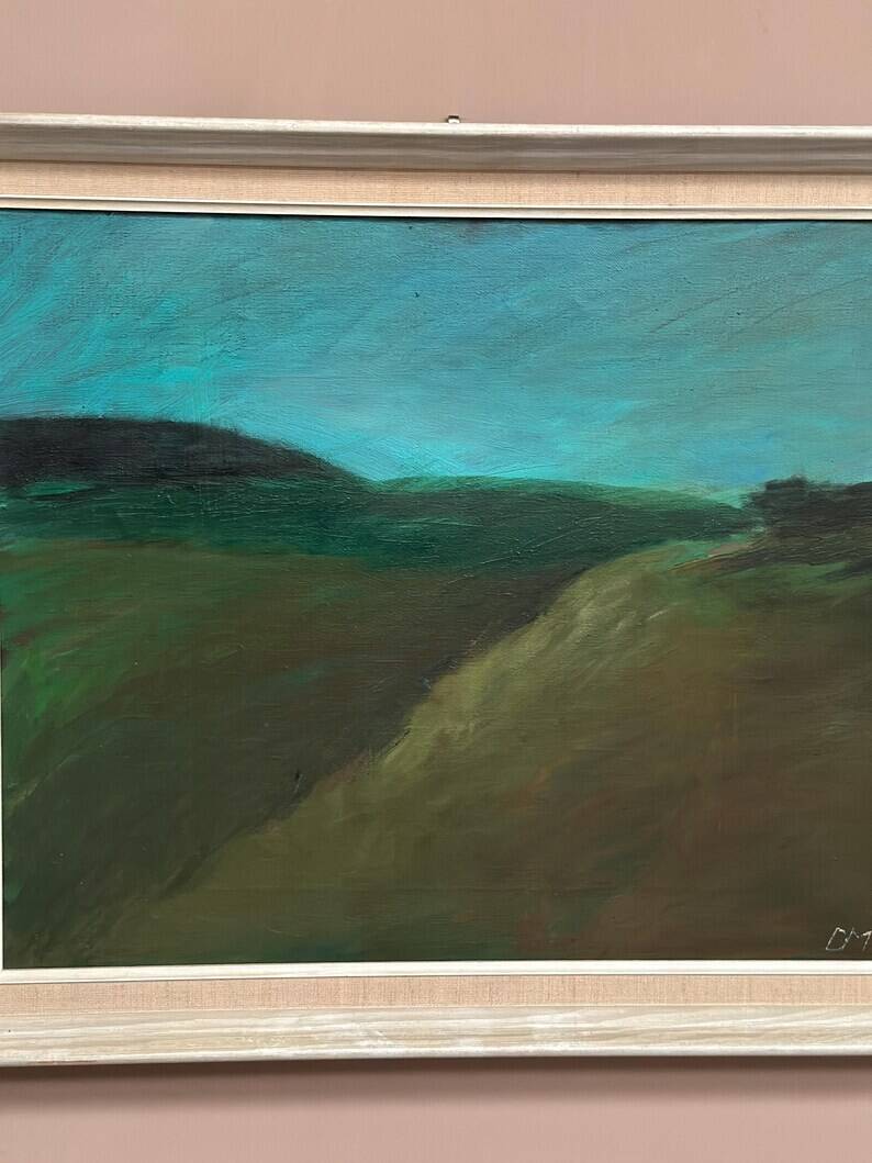 Huile sur toile originale suédoise – "Paysage" par Dina Mortensen – Signé DM – Vintage et encadré – 53 × 45,5 cm (20,9" × 17,9")