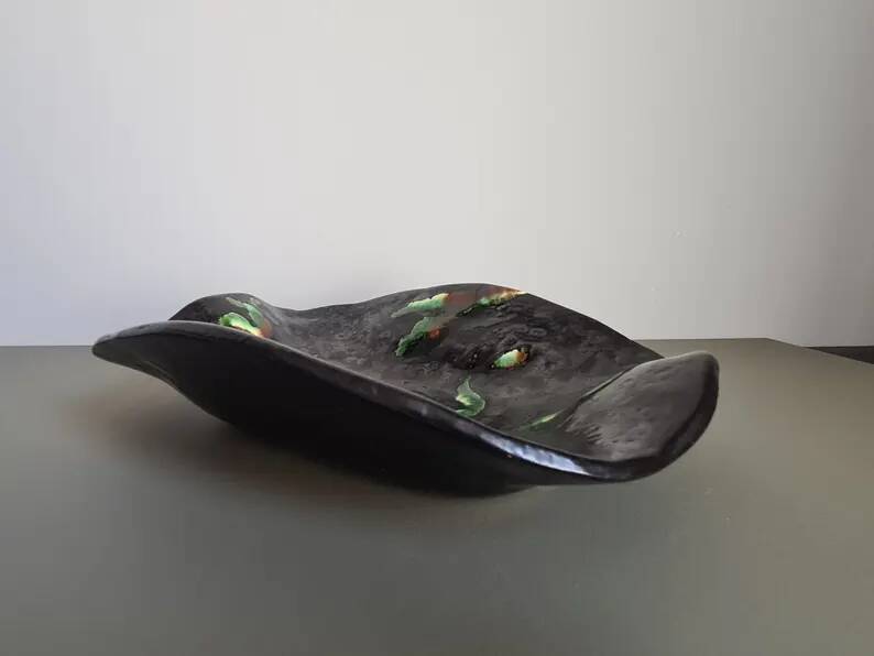 French ceramic bowl, lava glaze, black and green.