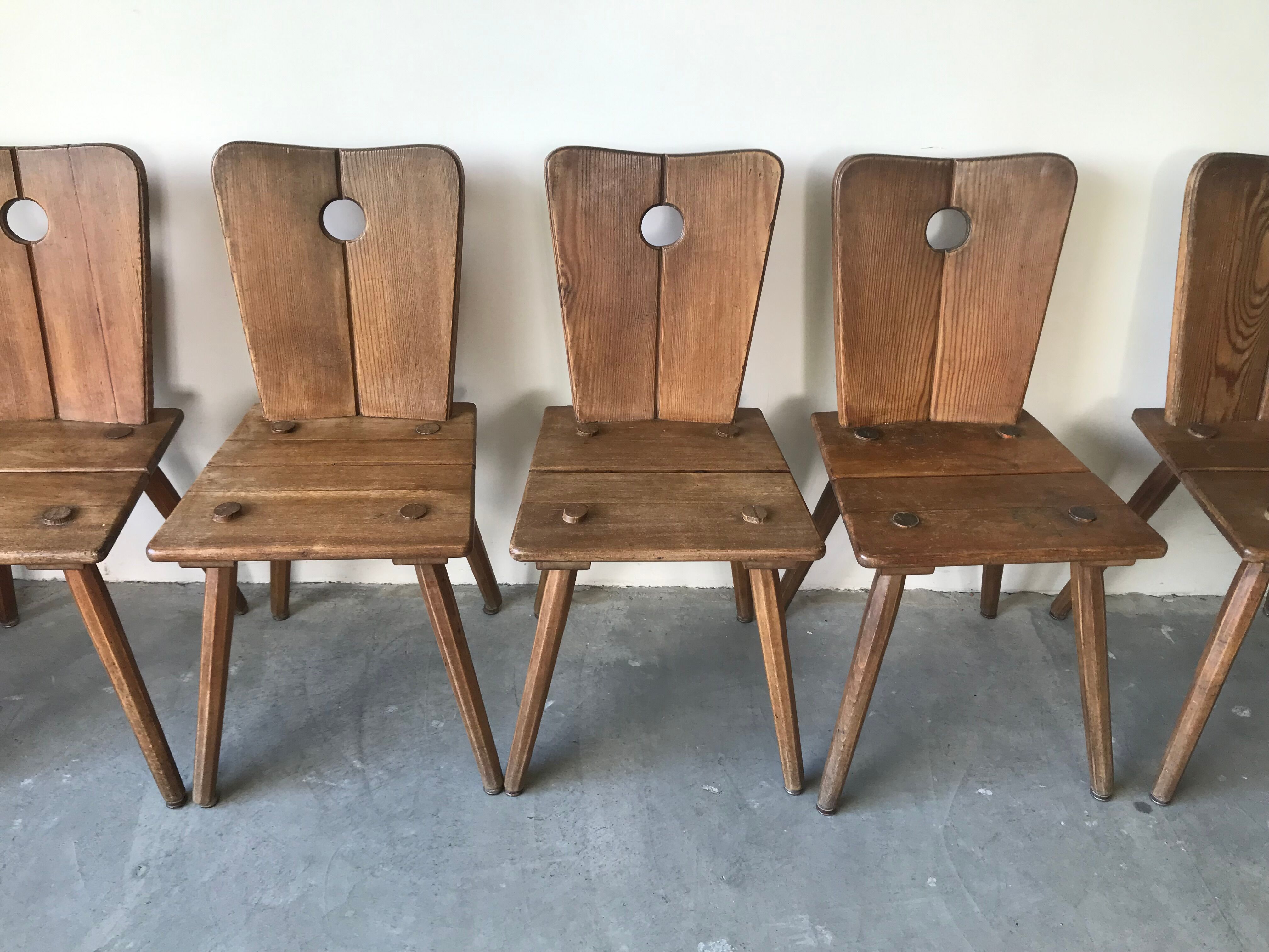 Suite of 6 savoyard solid wood chairs, circa 1950
