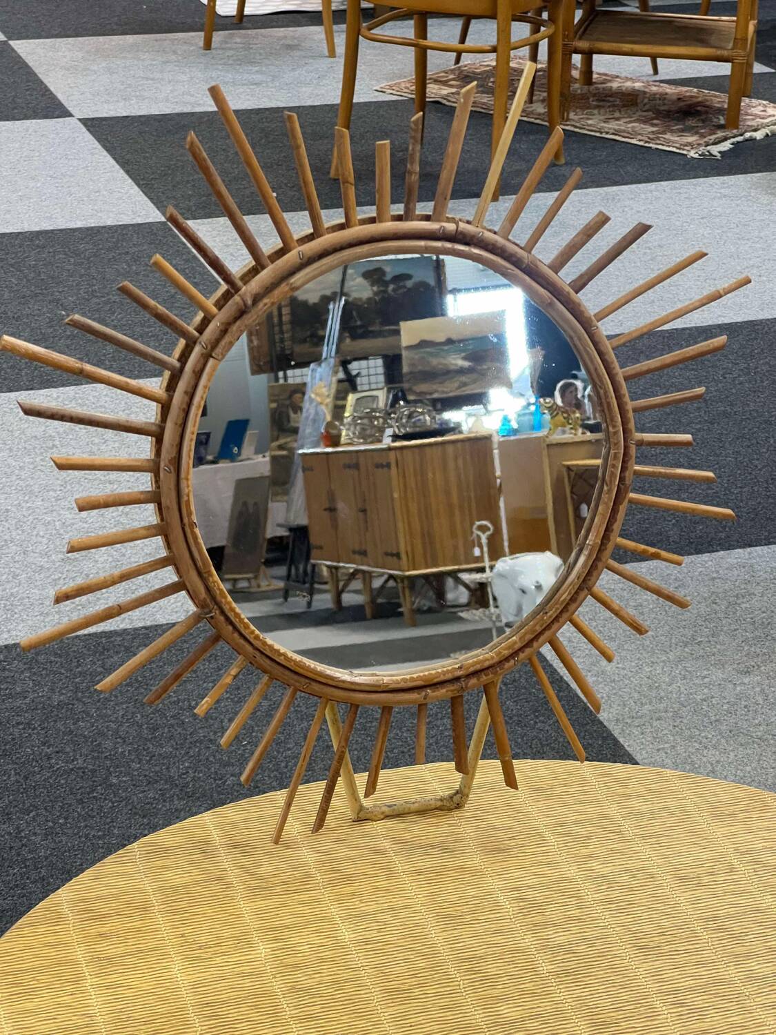 Rattan dressing table with sun mirror and its stool.