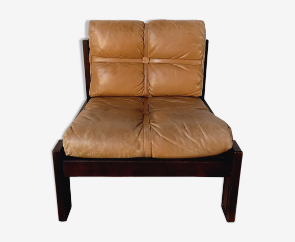 Vintage brutalist armchair Carl Straub in wood and leather 60s 70s