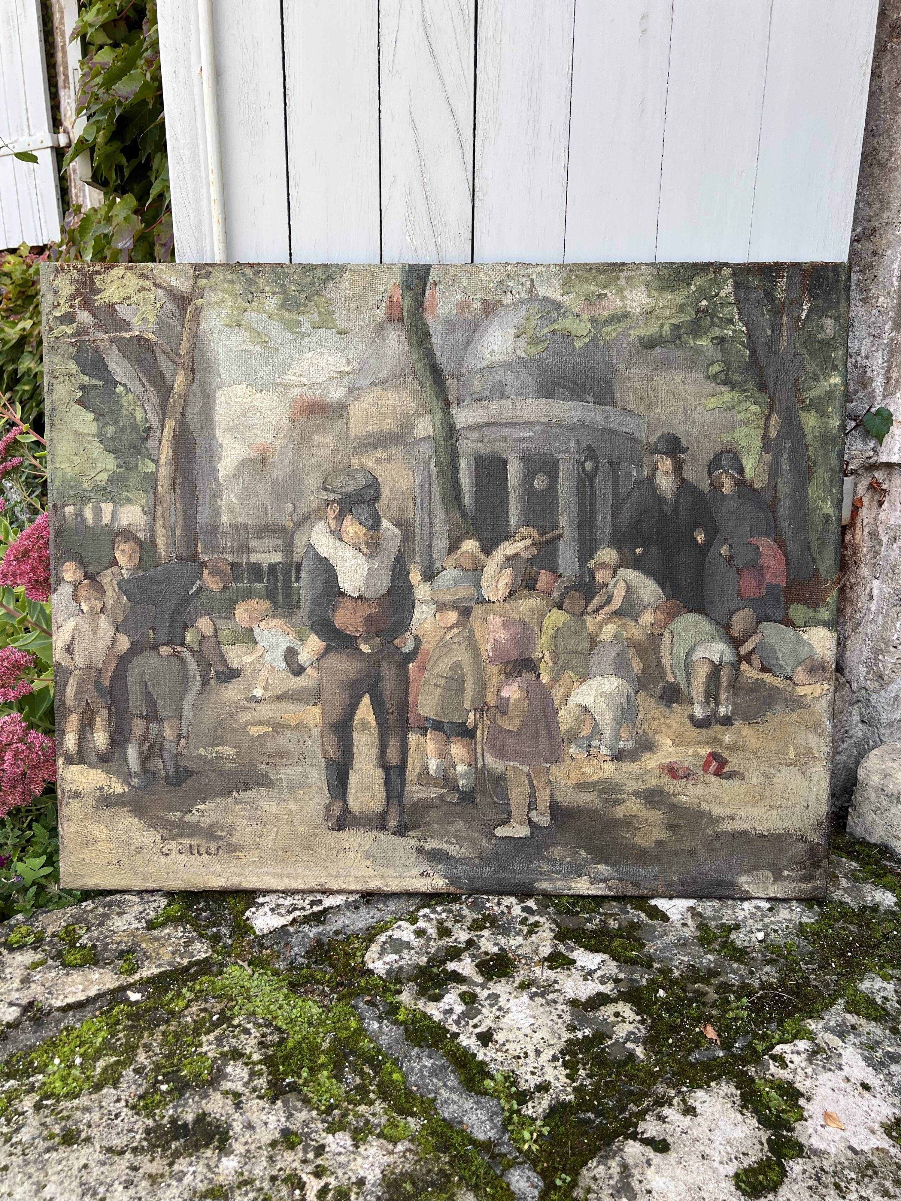 Children in the Monceau Garden. HST circa 1940. Signed Gilles. 81.5 x 65cm