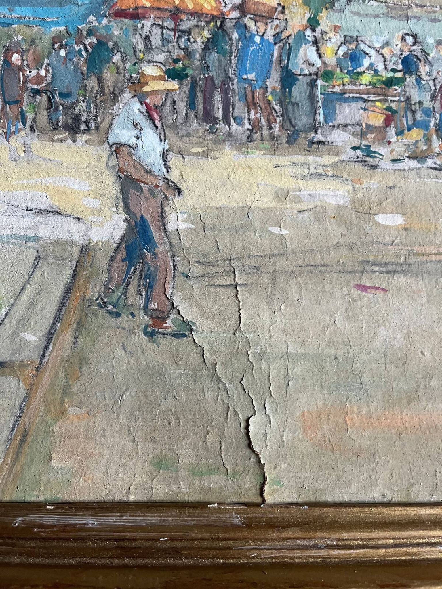 Sunny terrace table on market day signed (Ch. Blondel?)