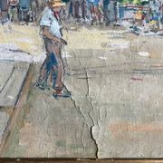 Sunny terrace table on market day signed (Ch. Blondel?)