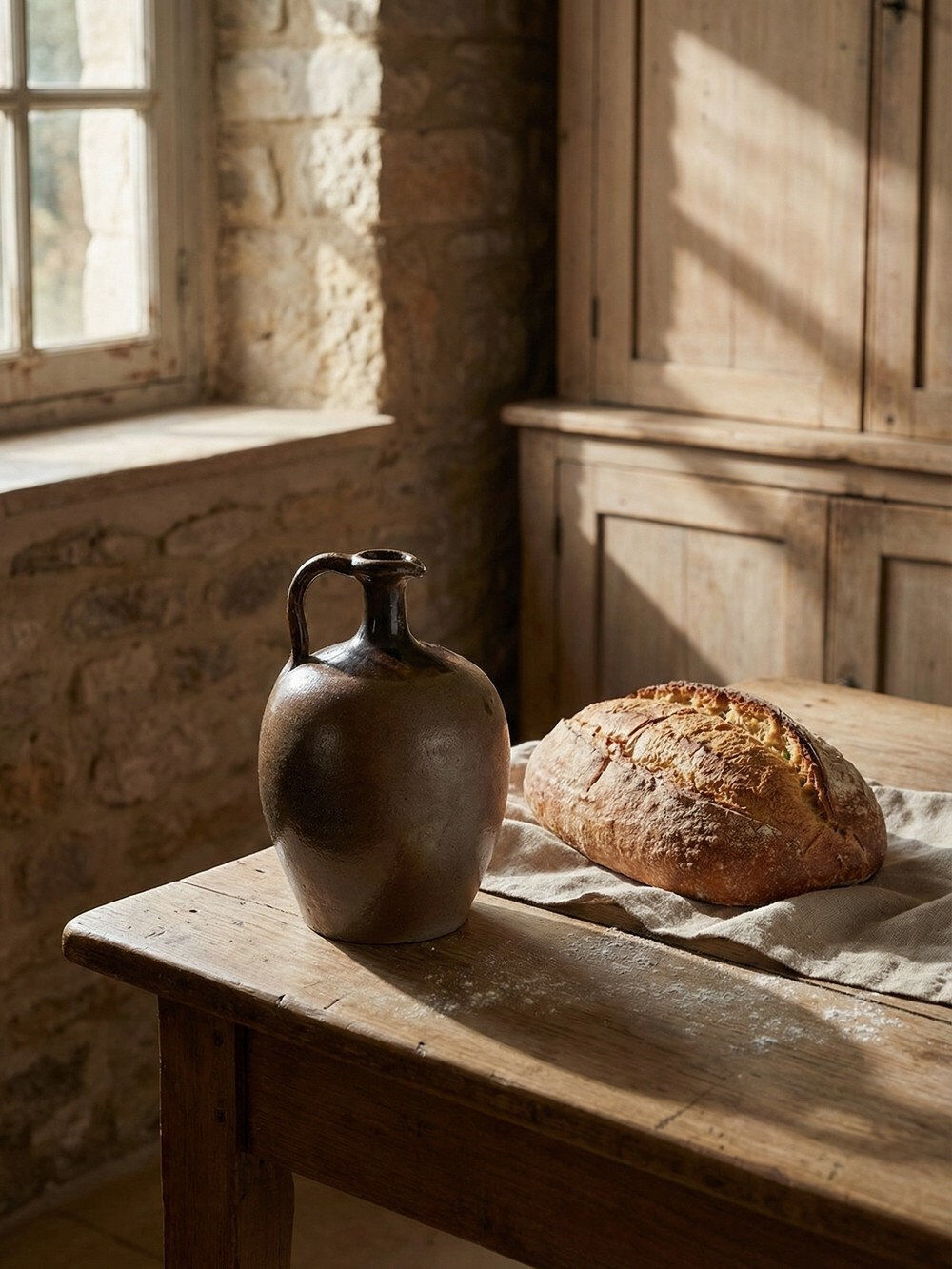 Ancient cruche from the 19th-20th century, artisanal glazed stoneware from Puisaye.