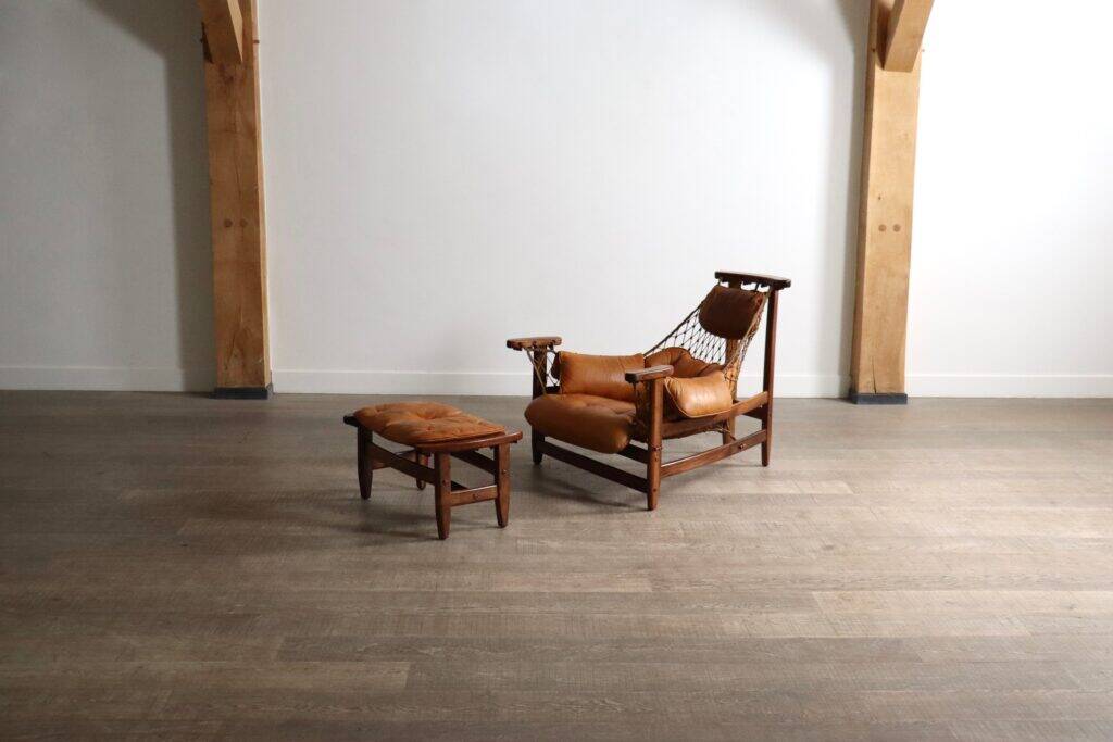 Jangada lounge chair with ottoman in cognac leather by Jean Gillon, Brazil, 1960s