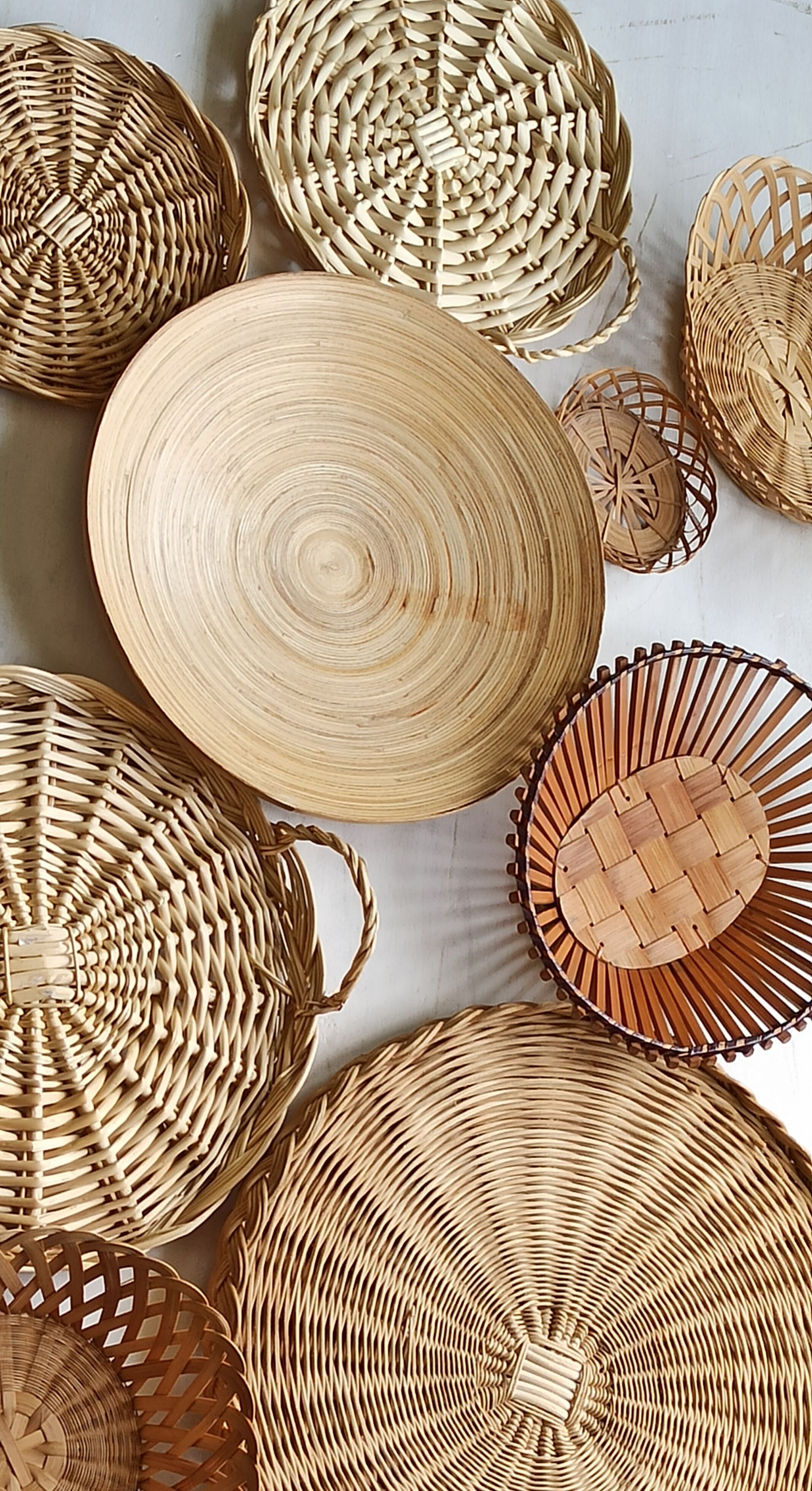 Wall composition of vintage baskets Osier and Bamboo