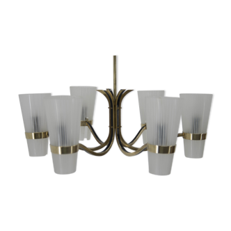 Brass and Glass Chandelier in Lyfa Style, Denmark, 1970s