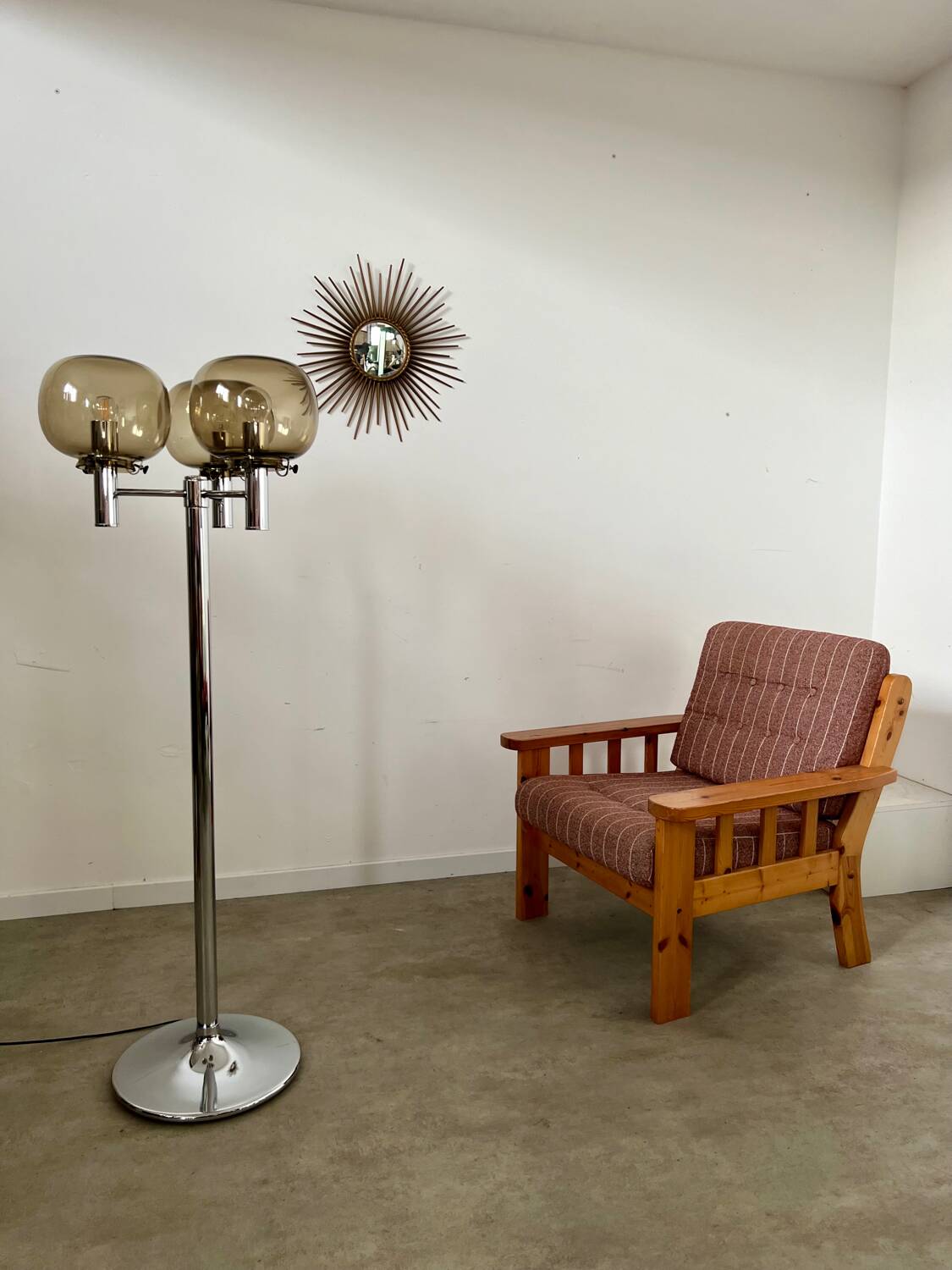 Old 3-light chrome and smoked glass floor lamp Italian design from the 70s vintage