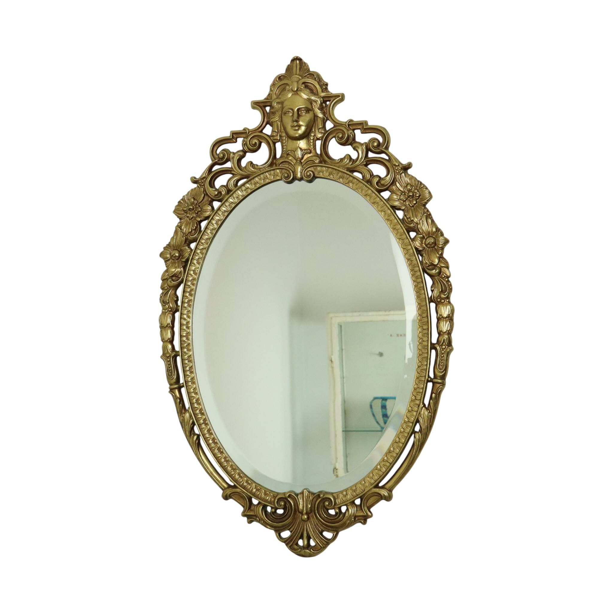 French Brass Crested Mirror Gold Baroque Louis XV Style 1950s