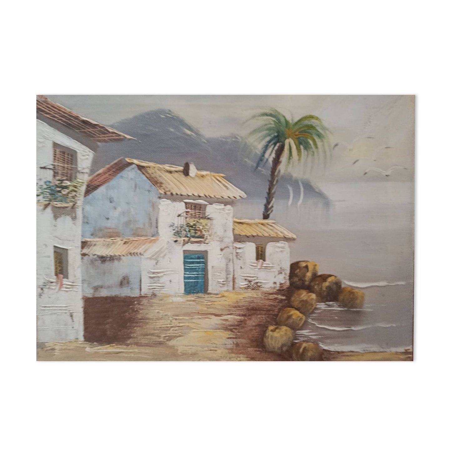 Hst 20th century signed solana: fishermen's houses, palm tree, tenerife, canary islands, spain