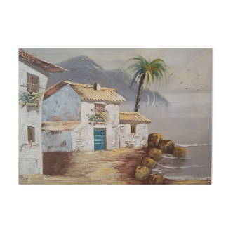 Hst 20th century signed solana: fishermen's houses, palm tree, tenerife, canary islands, spain