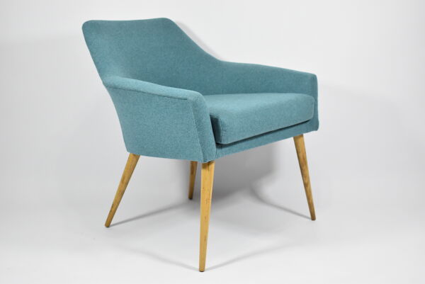 Fauteuil vintage Shell, tissu turquoise, années 1960, restauré