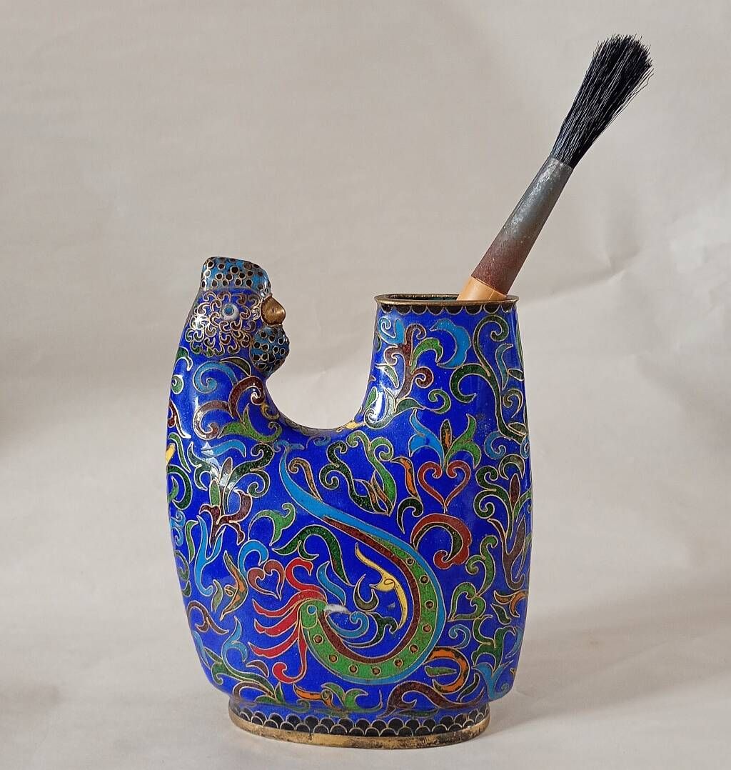 Rare Mid-Century Chinese Cloisonné Enamel Rooster Brush Holder / Vase
