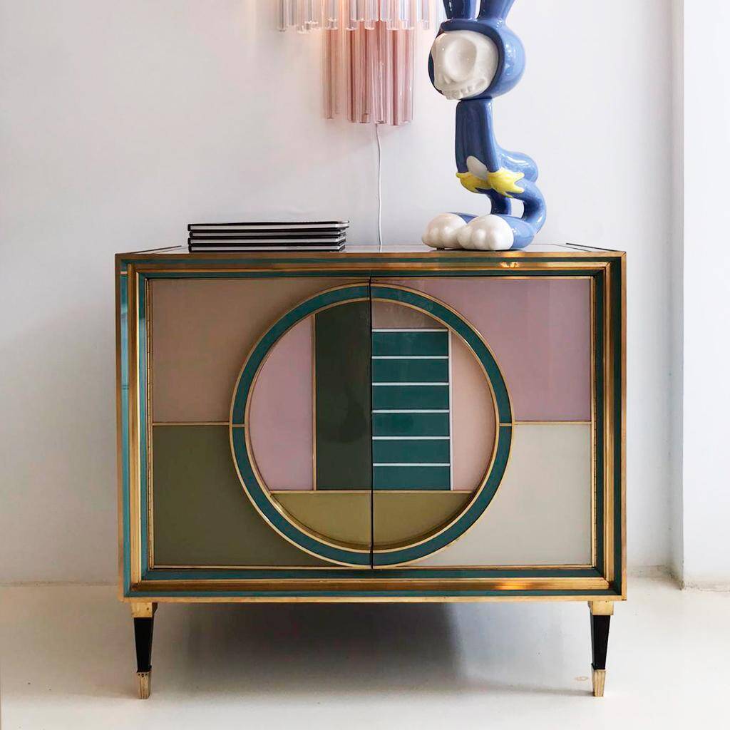 Mid-Century Modern Style Italian Cabinet Wood, Brass and Colored Glass