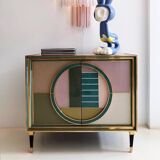 Mid-Century Modern Style Italian Cabinet Wood, Brass and Colored Glass