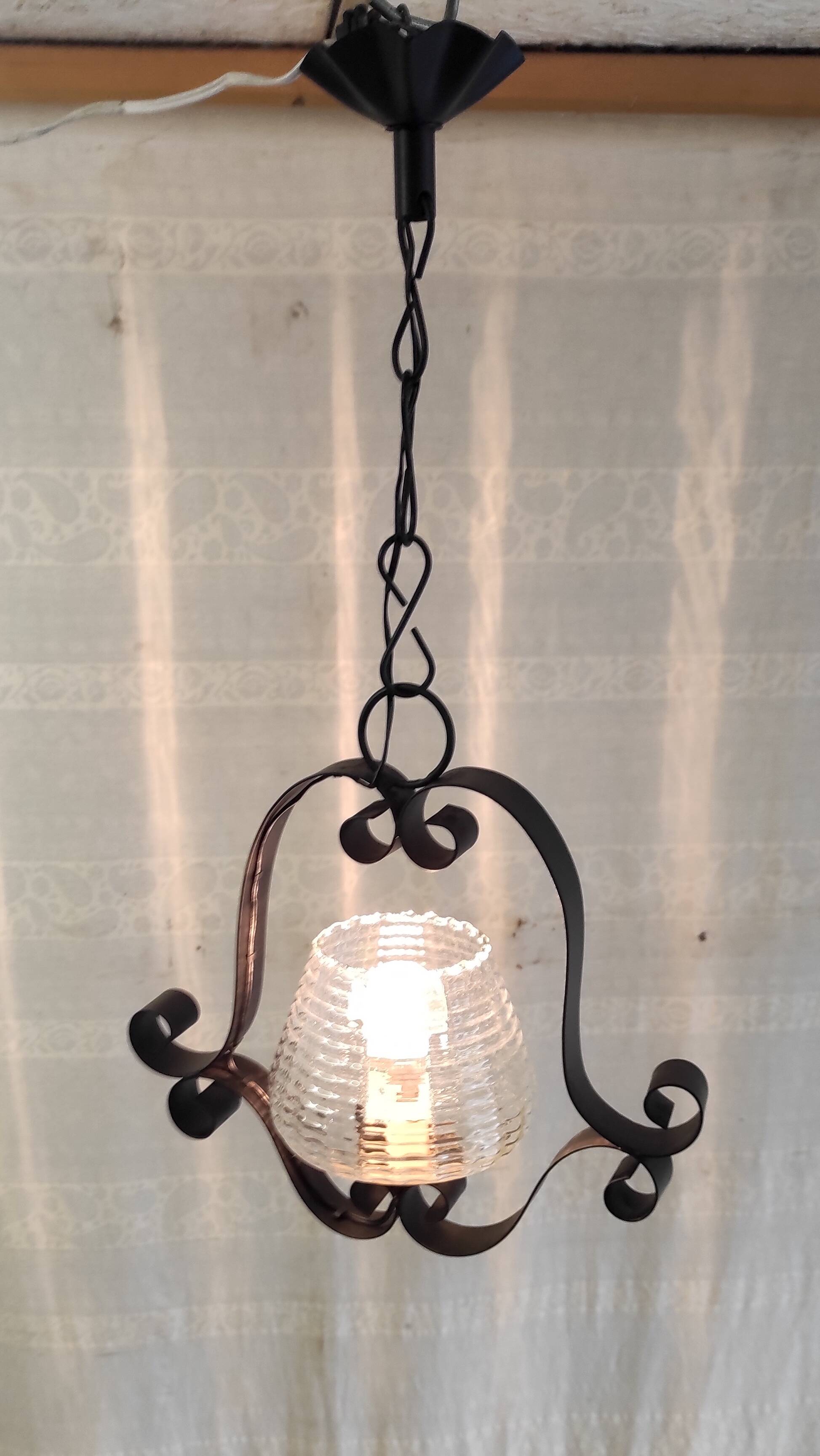 Vintage metal and glass pendant light - mid-20th century
