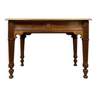 Superb Louis XVI style solid oak center desk with secret drawers
