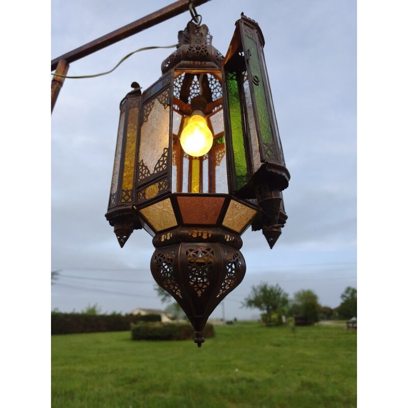 North African lantern suspension in brass and coloured glass.