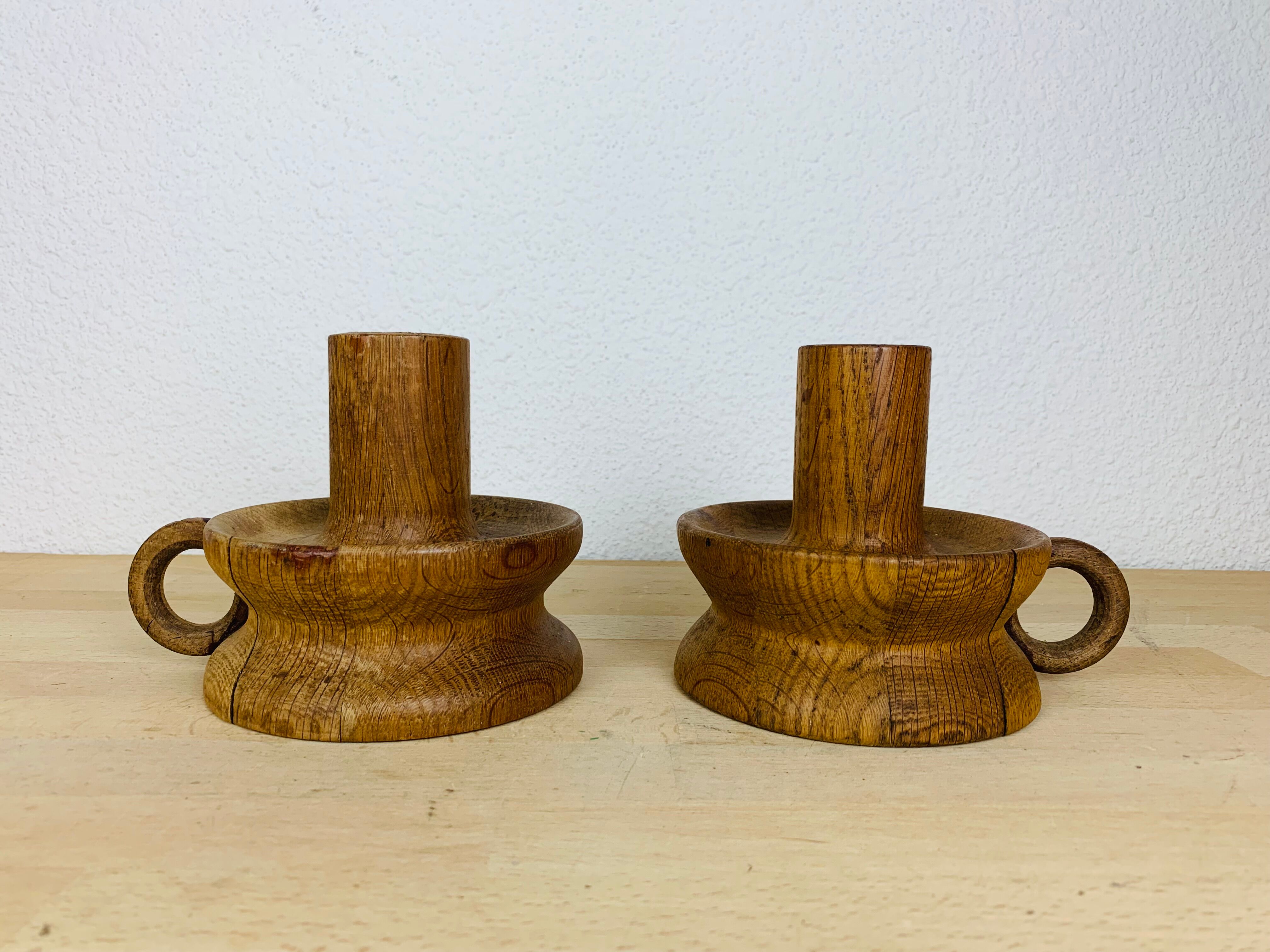 Pair of candle holders brutalist solid wood
