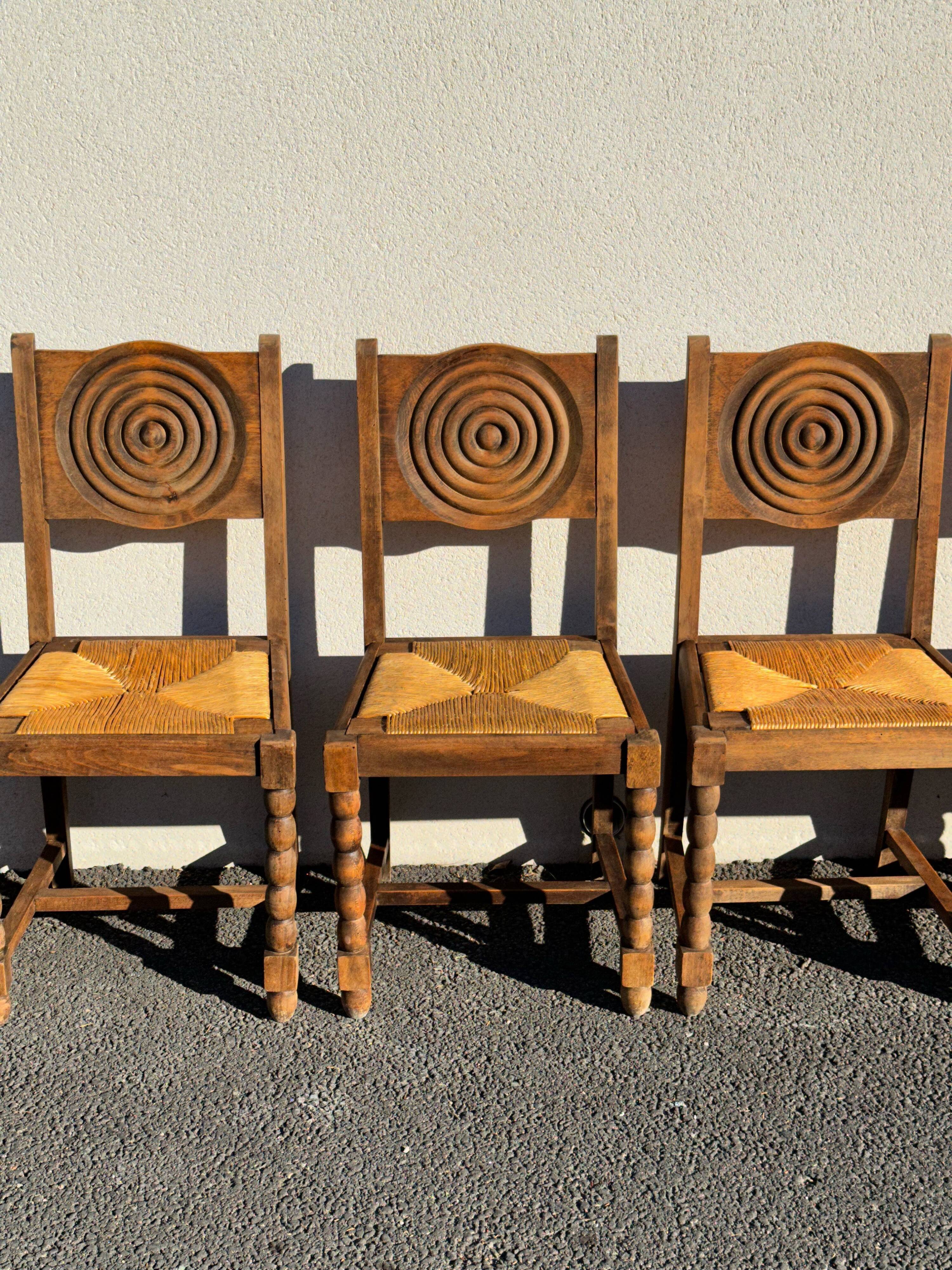 6 rustic style chairs, wood and straw, 1940