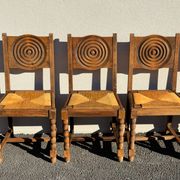 6 rustic style chairs, wood and straw, 1940