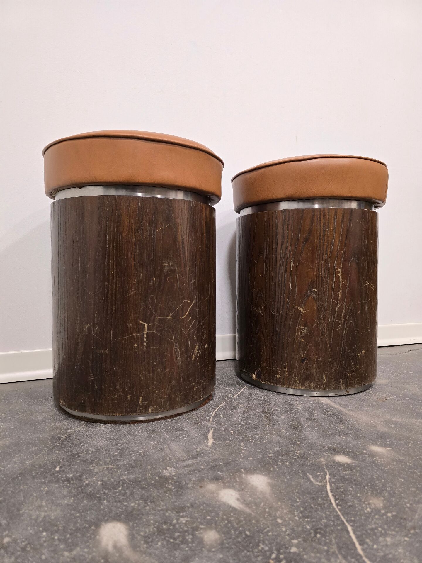 1970s Vintage Wooden Stool – Faux Leather Cushion & Aluminium Trim