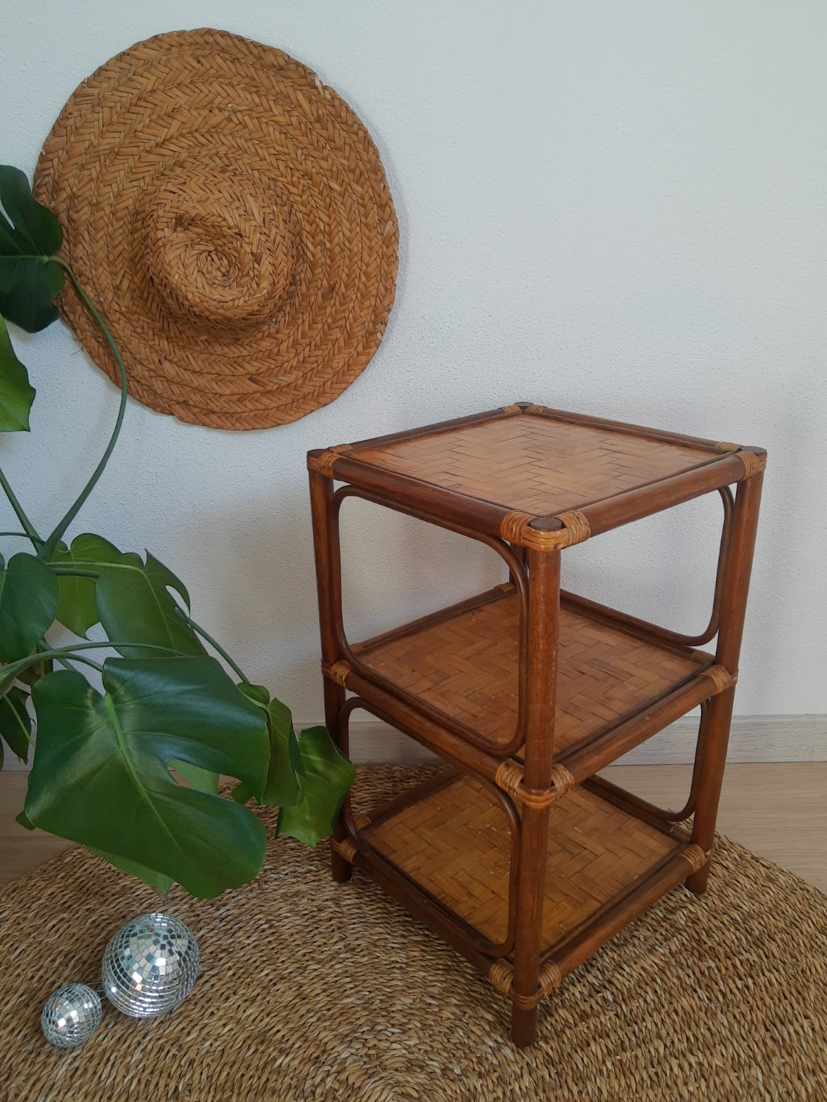 3-tier rattan and bamboo shelf from the 70s vintage